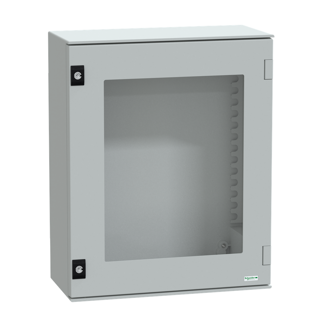 Wall mounted polyester enclosure, Thalassa PLM, glazed door, 530x430x200mm, IP66, IK08, RAL 7035