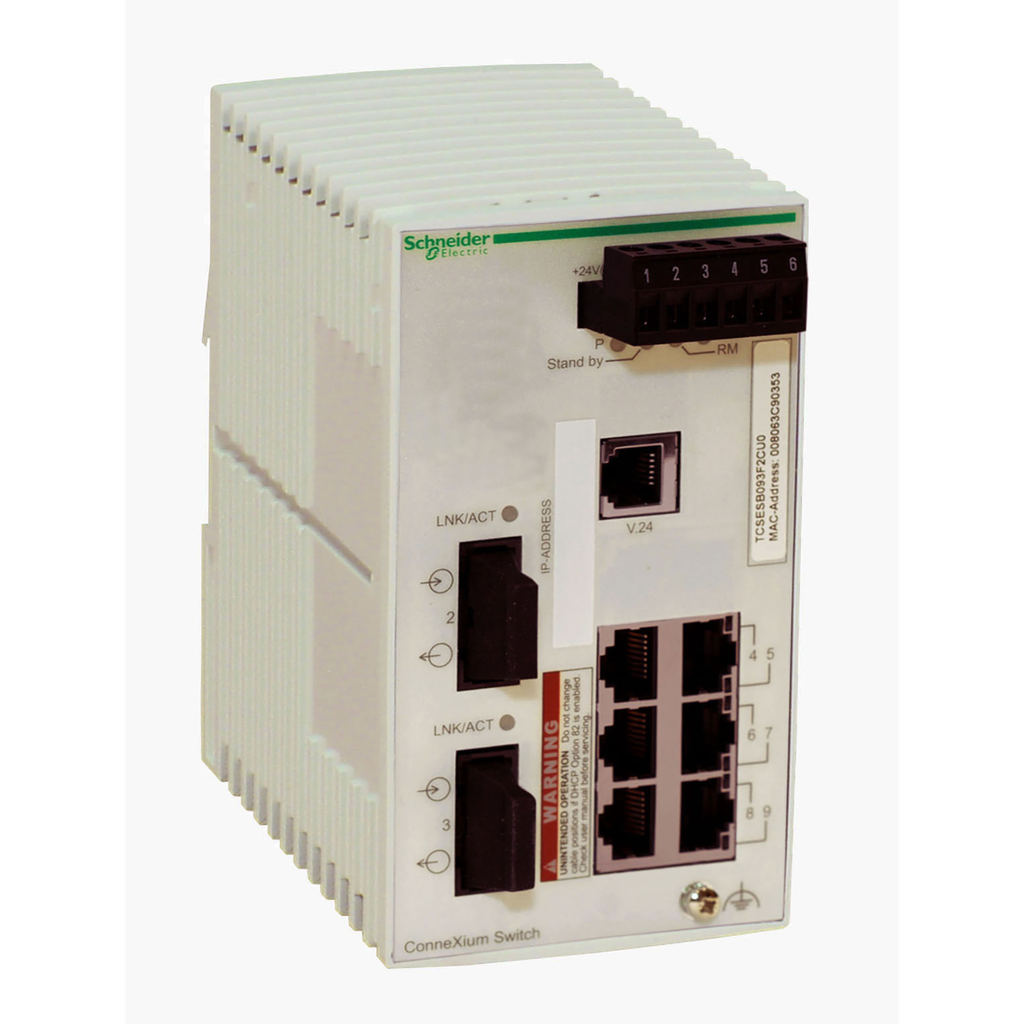 switch, Modicon Networking, basic managed switch, 6 ports for copper, 2 ports for fiber optic multimode