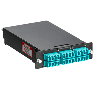 SDX Pigtail Fusion Splice Module pre-loaded with duplex LC adapters (Aqua) and 12-fiber OM4 LC/PC individual pigtails. Includes 40mm splice sleeves. Works with all SDX Enclosures.