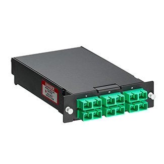 SDX Pigtail Fusion Splice Module pre-loaded with duplex SC adapters (Green) and 12-fiber OS2 SC/APC individual pigtails. Includes 40mm splice sleeves.