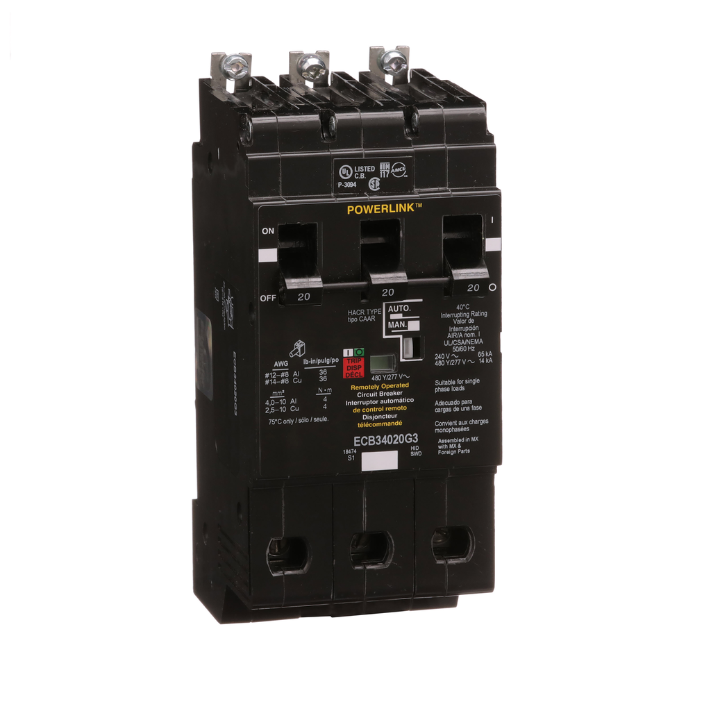 Circuit Breaker, PowerLinkâ„¢, 20A, 3 pole, 480Y/277VAC, 14kA, remotely operated, bolt on mount