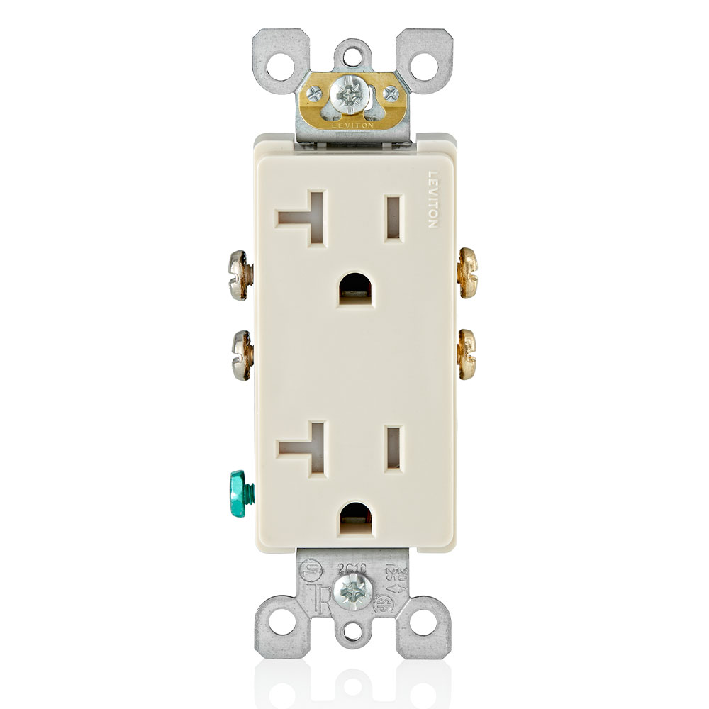 Ultrasonically welded, 20A Tamper-Resistant, Decora duplex receptacle/outlet. Residential grade, NEMA 5-20R, side wired only, UL, CSA and NOM