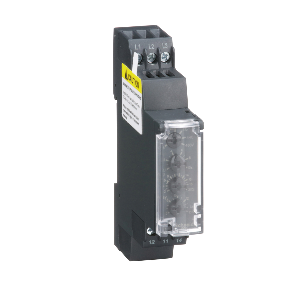 Zelio, 3 phase supply control relay, range 208 to 480 VAC, sequence, phase failure, phase imbalance, voltage