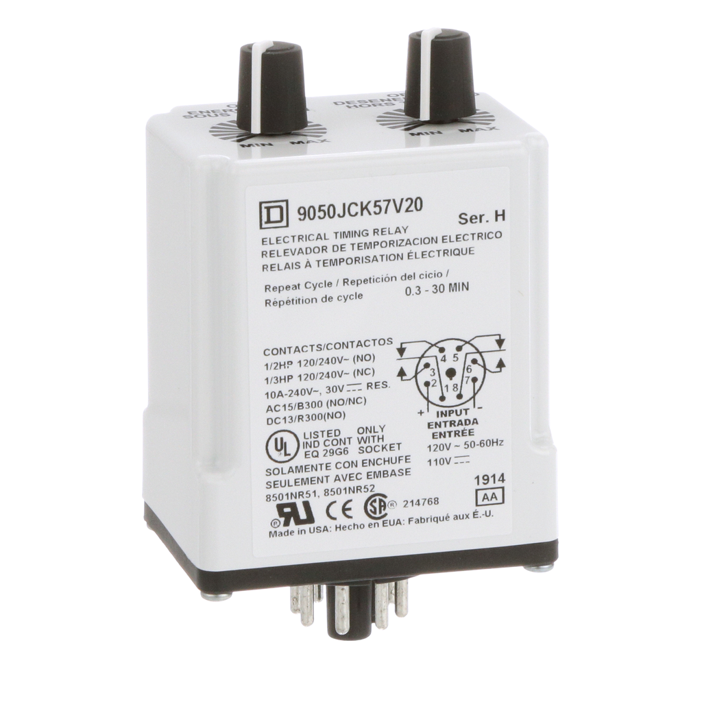 Timing Relay, Type JCK, plug In, repeat cycle, adjustable time, 0.3 to 30 minutes, 10A, 240 VAC, 120 VAC/110 VDC