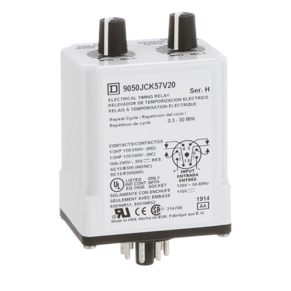 Timing Relay, Type JCK, plug In, repeat cycle, adjustable time, 0.3 to 30 minutes, 10A, 240 VAC, 120 VAC/110 VDC