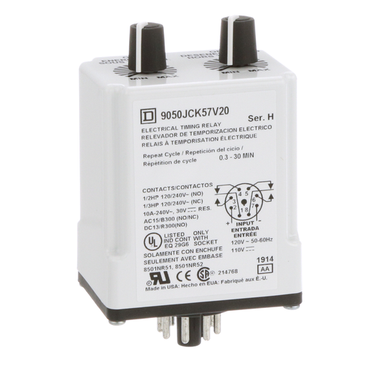 Timing Relay, Type JCK, plug In, repeat cycle, adjustable time, 0.3 to 30 minutes, 10A, 240 VAC, 120 VAC/110 VDC