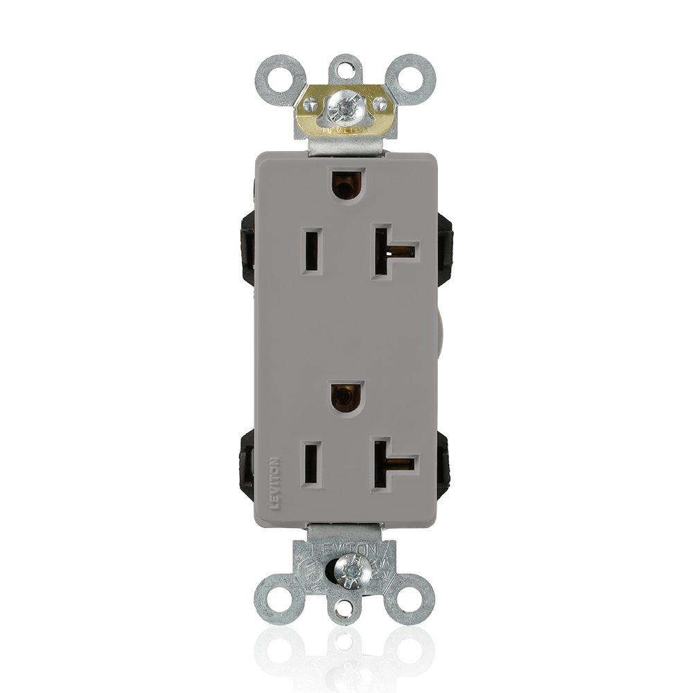 Lev-Lok Duplex Receptacle Lev-Lok Decora Plus Duplex Receptacle Outlet, Heavy-Duty Industrial Specification Grade, Smooth Face, 20 Amp, 125 Volt, Modular, NEMA 5-20R, 2-Pole, 3-Wire, Self-Grounding - Gray Mating Lev-Lok Wiring Module Required for Use