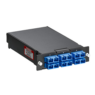 SDX Pigtail Fusion Splice Module pre-loaded with duplex SC adapters (Blue) and 12-fiber OS2 SC/UPC individual pigtails. Includes 40mm splice sleeves.