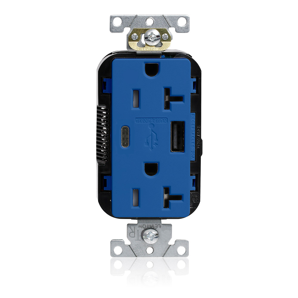 Tamper-Resistant USB Receptacle, Type A/C, 20 Amp 125 Volt, Commercial Grade, Blue - Lev-Lok