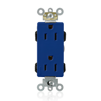 Lev-Lok Duplex Receptacle Lev-Lok Decora Plus Duplex Receptacle Outlet, Heavy-Duty Industrial Specification Grade, Smooth Face, 15 Amp, 125 Volt, Modular, NEMA 5-15R, 2-Pole, 3-Wire, Self-Grounding - Blue Mating Lev-Lok Wiring Module Required for Use