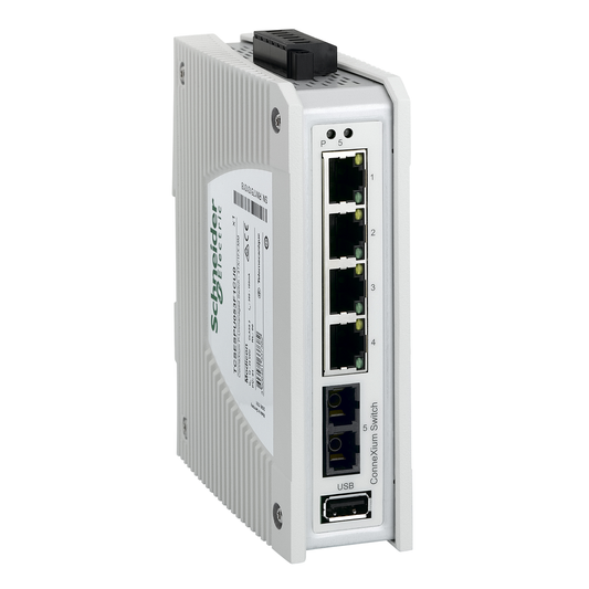 switch, Modicon Networking, premium unmanaged switch, 4 ports for copper, 1 port for fiber optic multimode