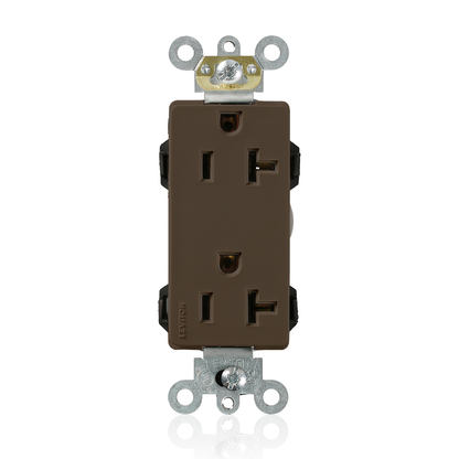 Lev-Lok Duplex Receptacle Lev-Lok Decora Plus Duplex Receptacle Outlet, Heavy-Duty Industrial Specification Grade, Smooth Face, 20 Amp, 125 Volt, Modular, NEMA 5-20R, 2-Pole, 3-Wire, Self-Grounding - Brown Mating Lev-Lok Wiring Module Required for Use