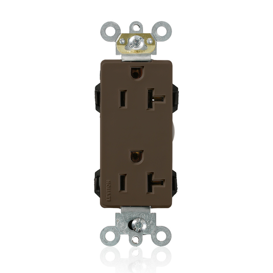 Lev-Lok Duplex Receptacle Lev-Lok Decora Plus Duplex Receptacle Outlet, Heavy-Duty Industrial Specification Grade, Smooth Face, 20 Amp, 125 Volt, Modular, NEMA 5-20R, 2-Pole, 3-Wire, Self-Grounding - Brown Mating Lev-Lok Wiring Module Required for Use