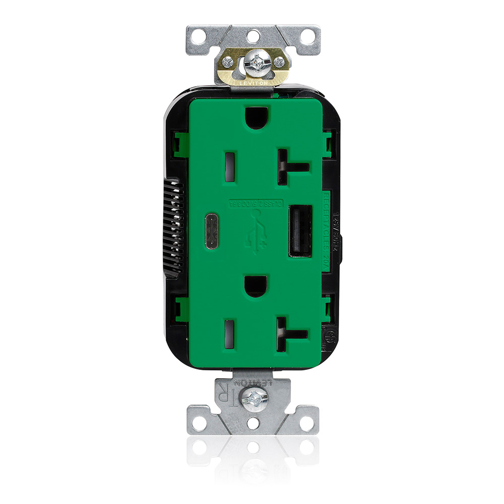 Tamper-Resistant USB Receptacle, Type A/C, 20 Amp 125 Volt, Commercial Grade, Green - Lev-Lok