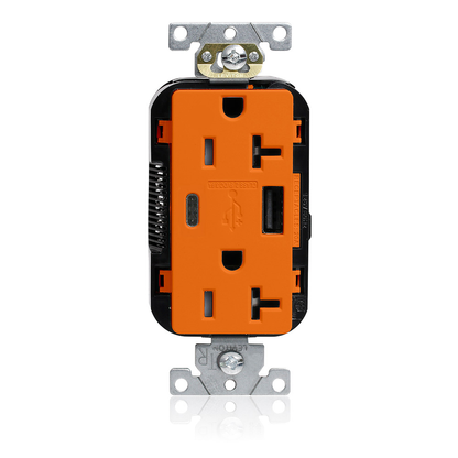 Tamper-Resistant USB Receptacle, Type A/C, 20 Amp 125 Volt, Commercial Grade, Orange - Lev-Lok