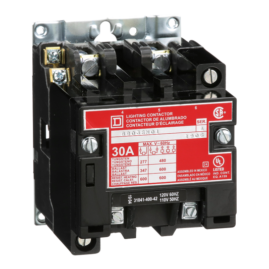 Contactor, Type S, multipole lighting, electrically held, 30A, 2 pole, 110/120 VAC 50/60 Hz coil, open style