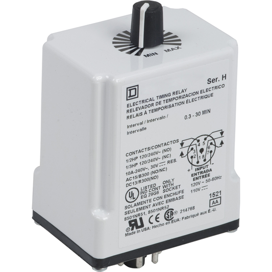 Timing Relay, Type JCK, plug In, one shot, adjustable time, 0.1 to 10 seconds, 10A, 240 VAC, 120 VAC/110 VDC