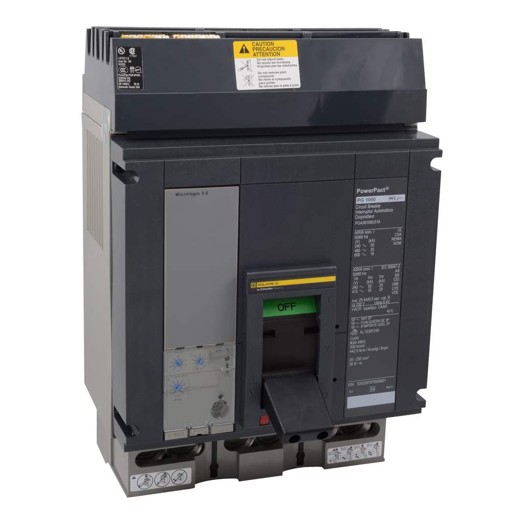 Circuit breaker, PowerPacT P, 1000A, 3 pole, 600VAC, 25kA, I-Line, Micrologic 5.0A, 80%