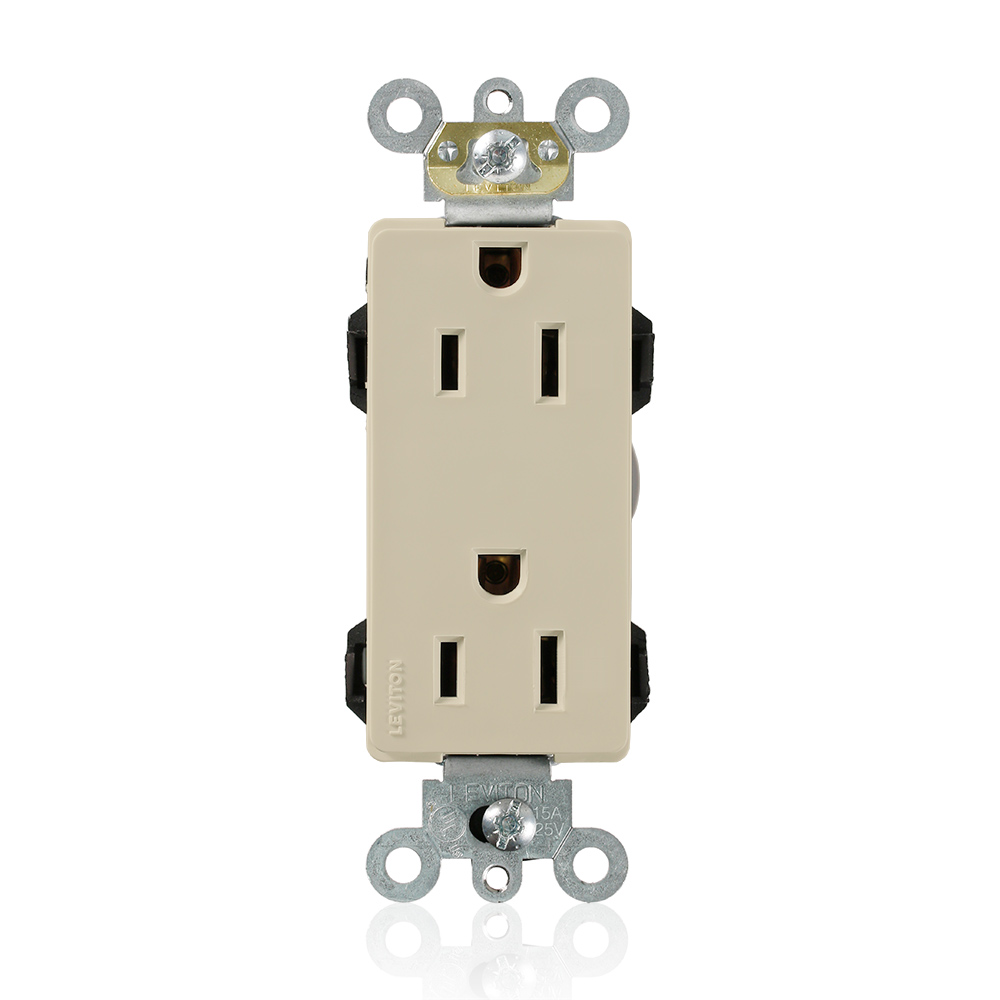 Lev-Lok Duplex Receptacle Lev-Lok Decora Plus Duplex Receptacle Outlet, Heavy-Duty Industrial Specification Grade, Smooth Face, 15 Amp, 125 Volt, Modular, NEMA 5-15R, 2-Pole, 3-Wire, Self-Grounding - Ivory Mating Lev-Lok Wiring Module Required for Use