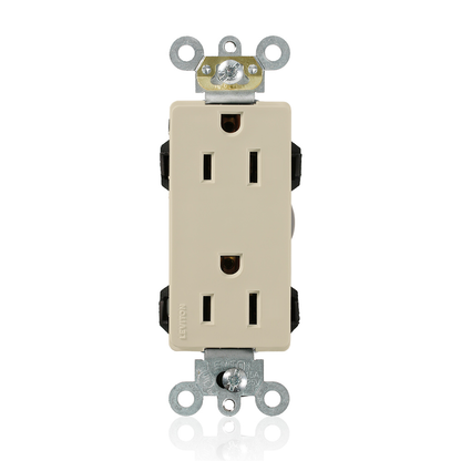 Lev-Lok Duplex Receptacle Lev-Lok Decora Plus Duplex Receptacle Outlet, Heavy-Duty Industrial Specification Grade, Smooth Face, 15 Amp, 125 Volt, Modular, NEMA 5-15R, 2-Pole, 3-Wire, Self-Grounding - Ivory Mating Lev-Lok Wiring Module Required for Use