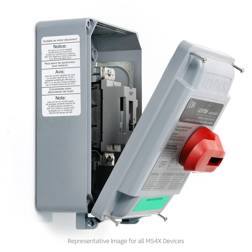 40 Amp, 600 Volt, 2-Pole, Non-Fused Manual Motor Controller, Suitable as Motor Disconnect, Type 4X Thermoplastic Enclosure, IP67-Watertight, NSF Certified