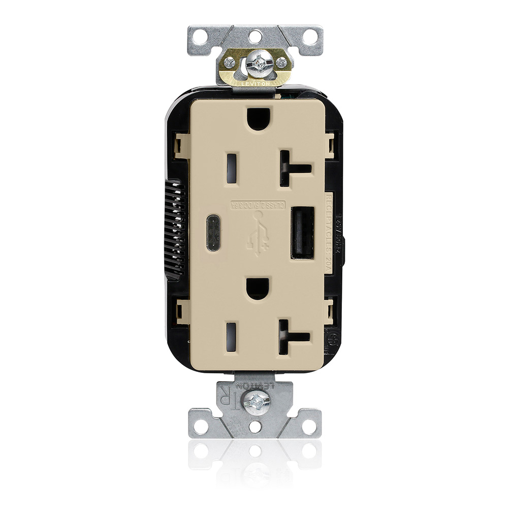 Tamper-Resistant USB Receptacle, Type A/C, 20 Amp 125 Volt, Commercial Grade, Ivory - Lev-Lok