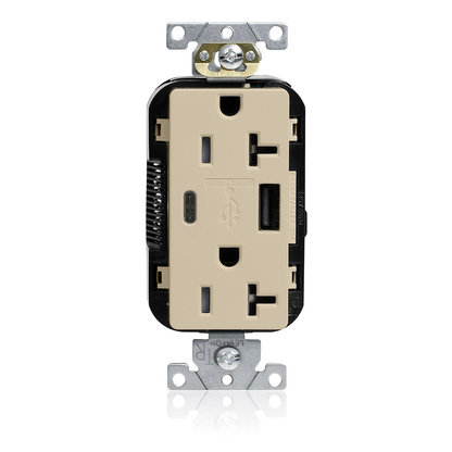 Tamper-Resistant USB Receptacle, Type A/C, 20 Amp 125 Volt, Commercial Grade, Ivory - Lev-Lok