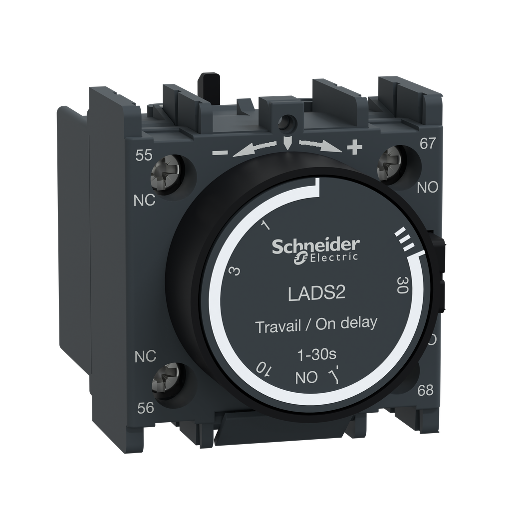 Time delay auxiliary contact block, TeSys Deca, 1NO + 1NC, on delay 1-30s, front, screw clamp terminals