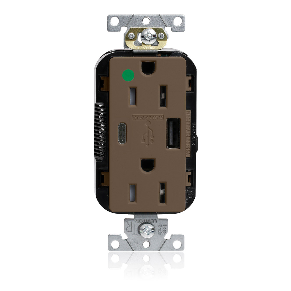 Tamper-Resistant USB Receptacle, Type A/C, 15 Amp 125 Volt, Hospital Grade, Brown - Lev-Lok