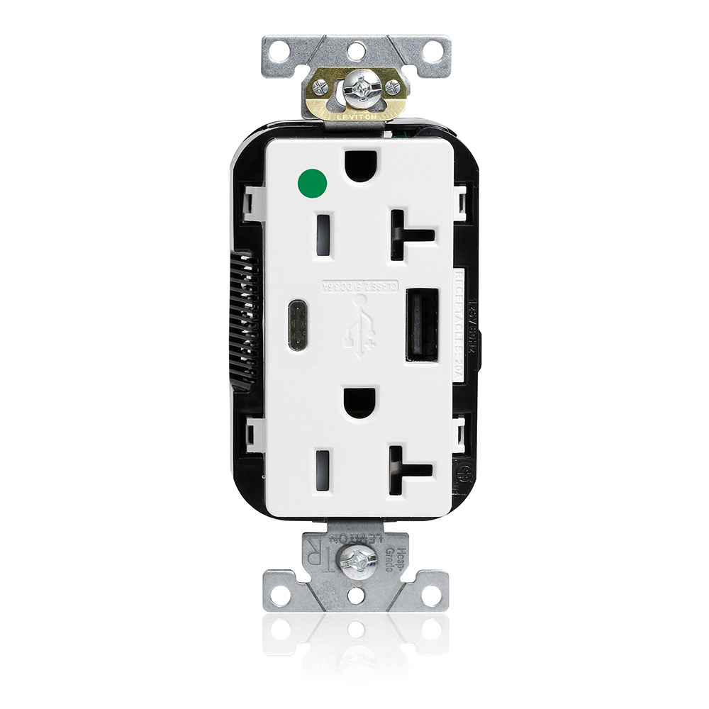 Tamper-Resistant USB Receptacle, Type A/C, 20 Amp 125 Volt, Hospital Grade, White - Lev-Lok