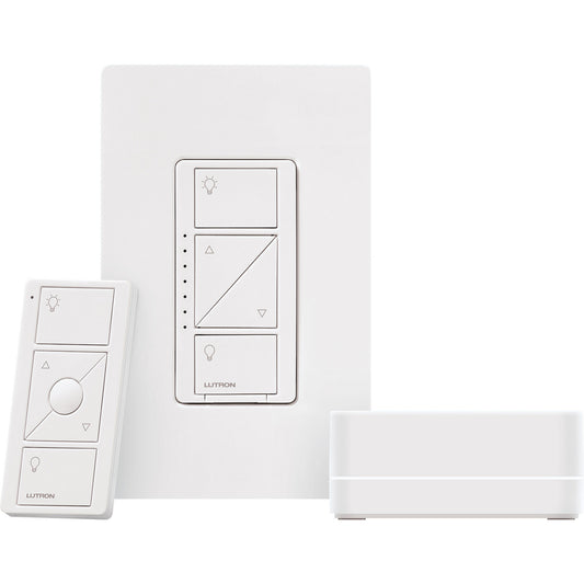 Lutron Caseta Wireless Smart Lighting Dimmer Switch Starter Kit.  Includes all necessary components to setup a single room for dimming. Kit contains 1 In-wall dimmer with faceplate, 1 Smart Bridge, and 1 Pico remote control