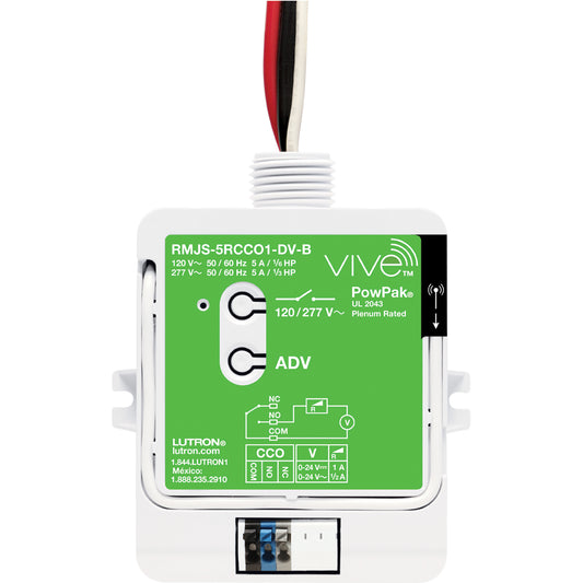 PowPak relay module with Softswitch and contact closure output, 5A lighting/1/6 HP (120V), 1/3 HP (277V) motor, 120/277V, 434 MHz Vive enabled