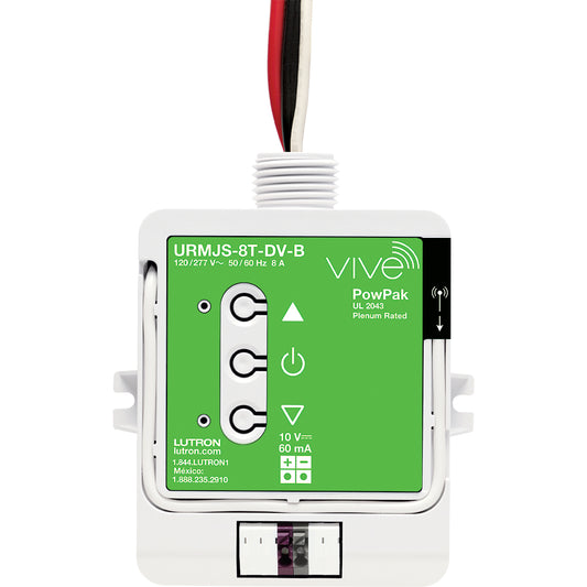 PowPak dimming module, controls up to 60 mA of 0-10V controlled fixtures together, switches up to 8 A, 120/277 VAC, 434 MHz, Vive compatible, BAA compliant