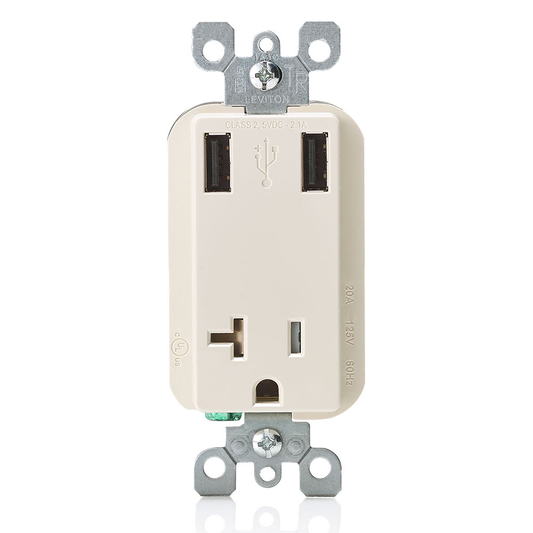 2.1A USB Type-A/Type-A Wall Outlet Charger with 20A Tamper-Resistant Receptacle