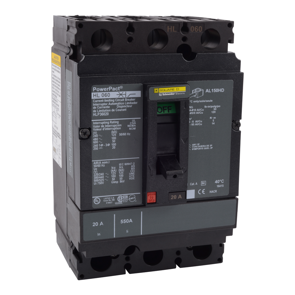 Circuit breaker, PowerPacT H, 15A, 3 pole, 600VAC, 50kA, lugs, thermal magnetic, 80%