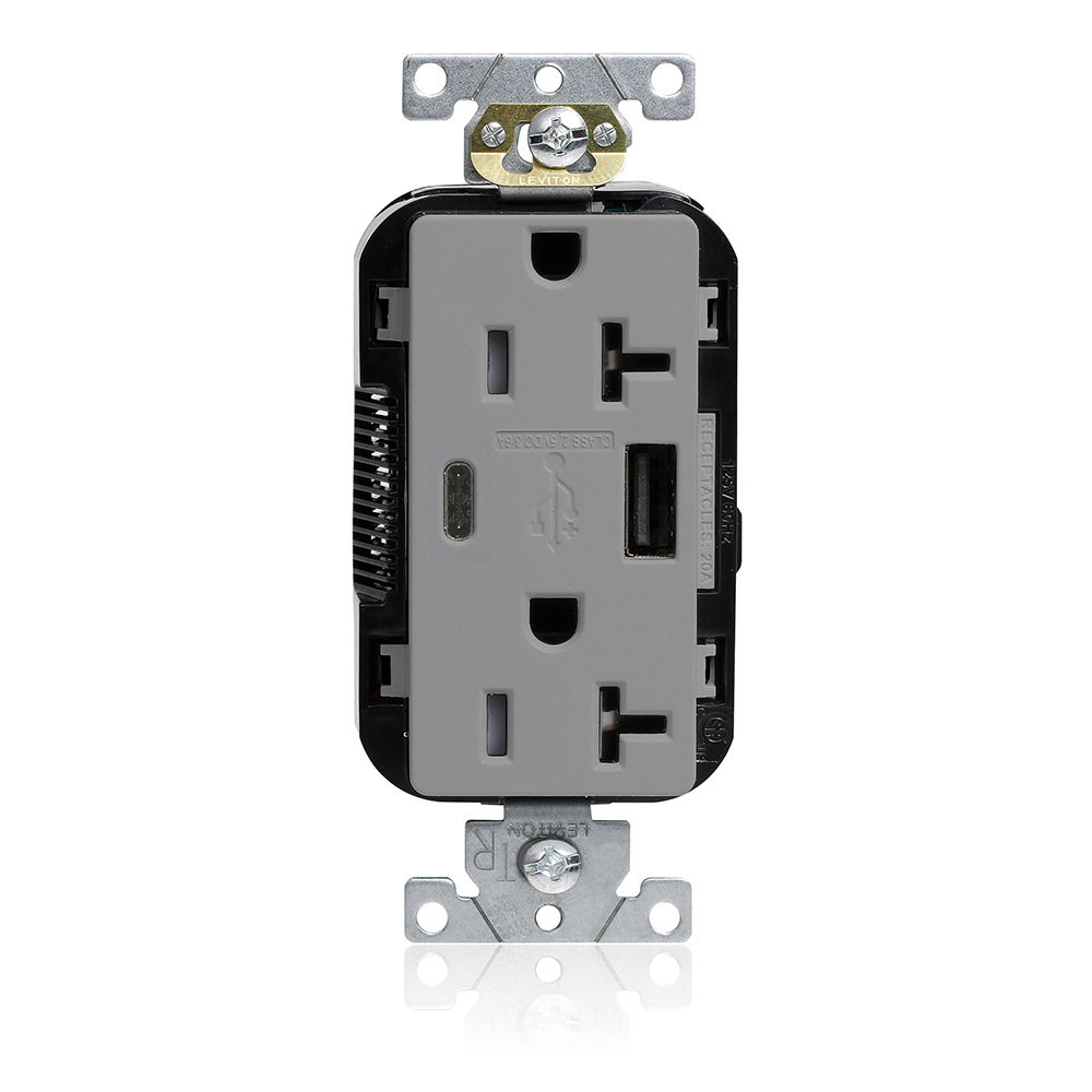 Tamper-Resistant USB Receptacle, Type A/C, 20 Amp 125 Volt, Commercial Grade, Gray - Lev-Lok