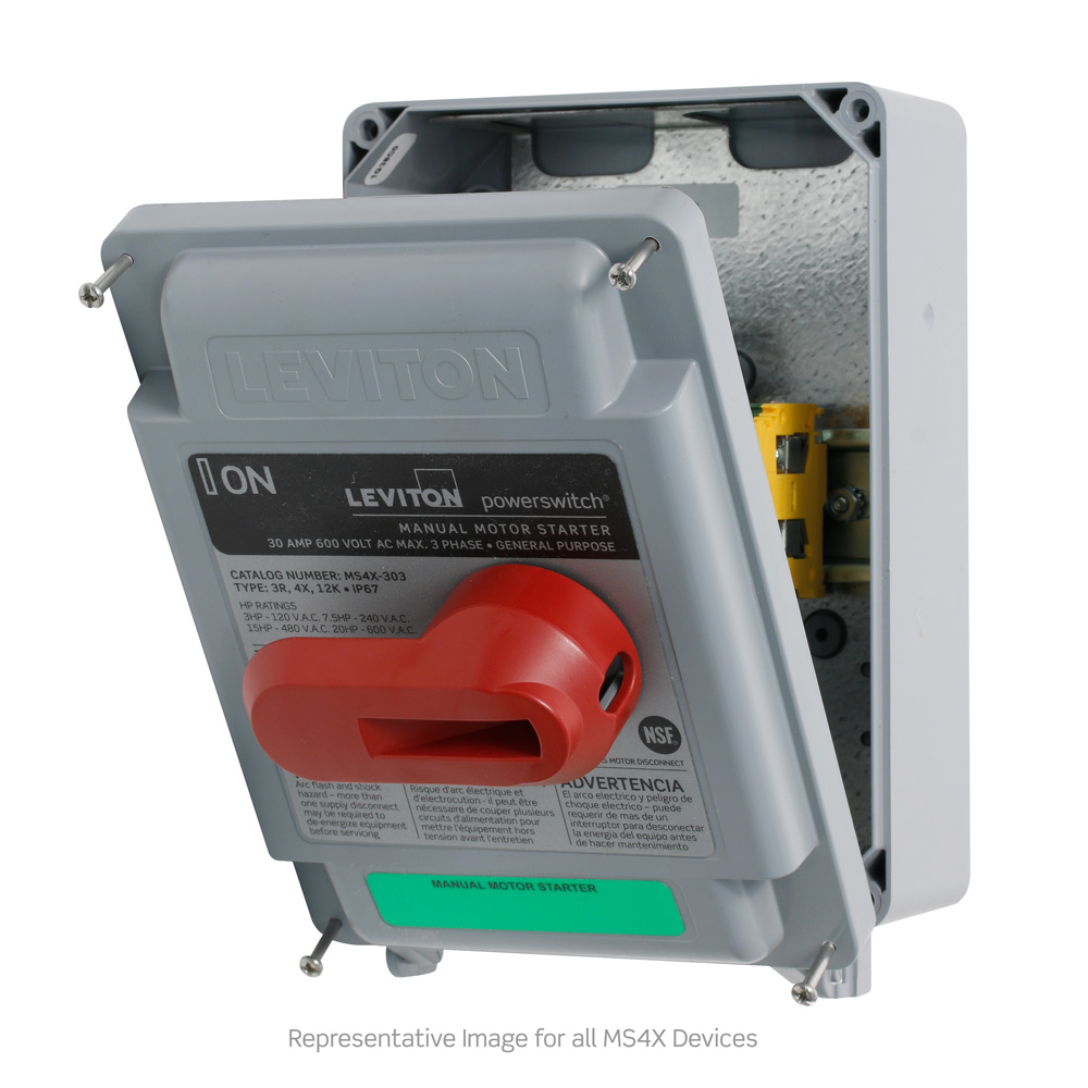 40 Amp, 600 Volt, 2-Pole, Non-Fused Manual Motor Controller, Suitable as Motor Disconnect, Type 4X Thermoplastic Enclosure, IP67-Watertight, NSF Certified