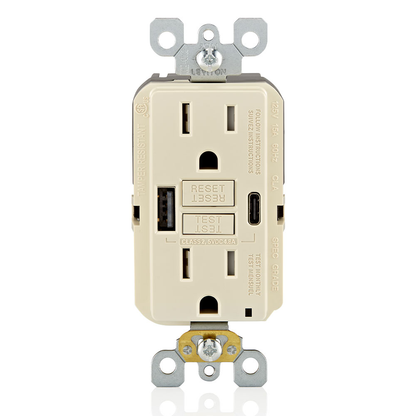 15A SmartlockPro Self-Test GFCI Combination 24W(4.8A) Type A/C USB In-Wall Charger Outlet Light Almond