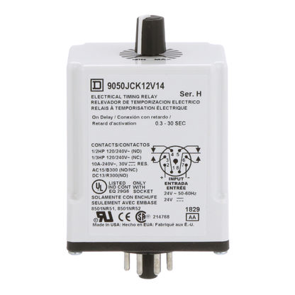 Timing Relay, Type JCK, plug In, on delay, adjustable time, 0.3 to 30 seconds, 10A, 240 VAC, 24 VAC/DC