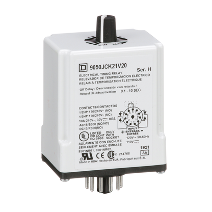 Timing Relay, Type JCK, plug In, off delay, adjustable time, 0.1 to 10 seconds, 10A, 240 VAC, 120 VAC/110 VDC