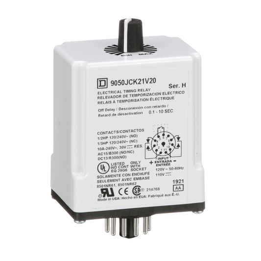 Timing Relay, Type JCK, plug In, off delay, adjustable time, 0.1 to 10 seconds, 10A, 240 VAC, 120 VAC/110 VDC