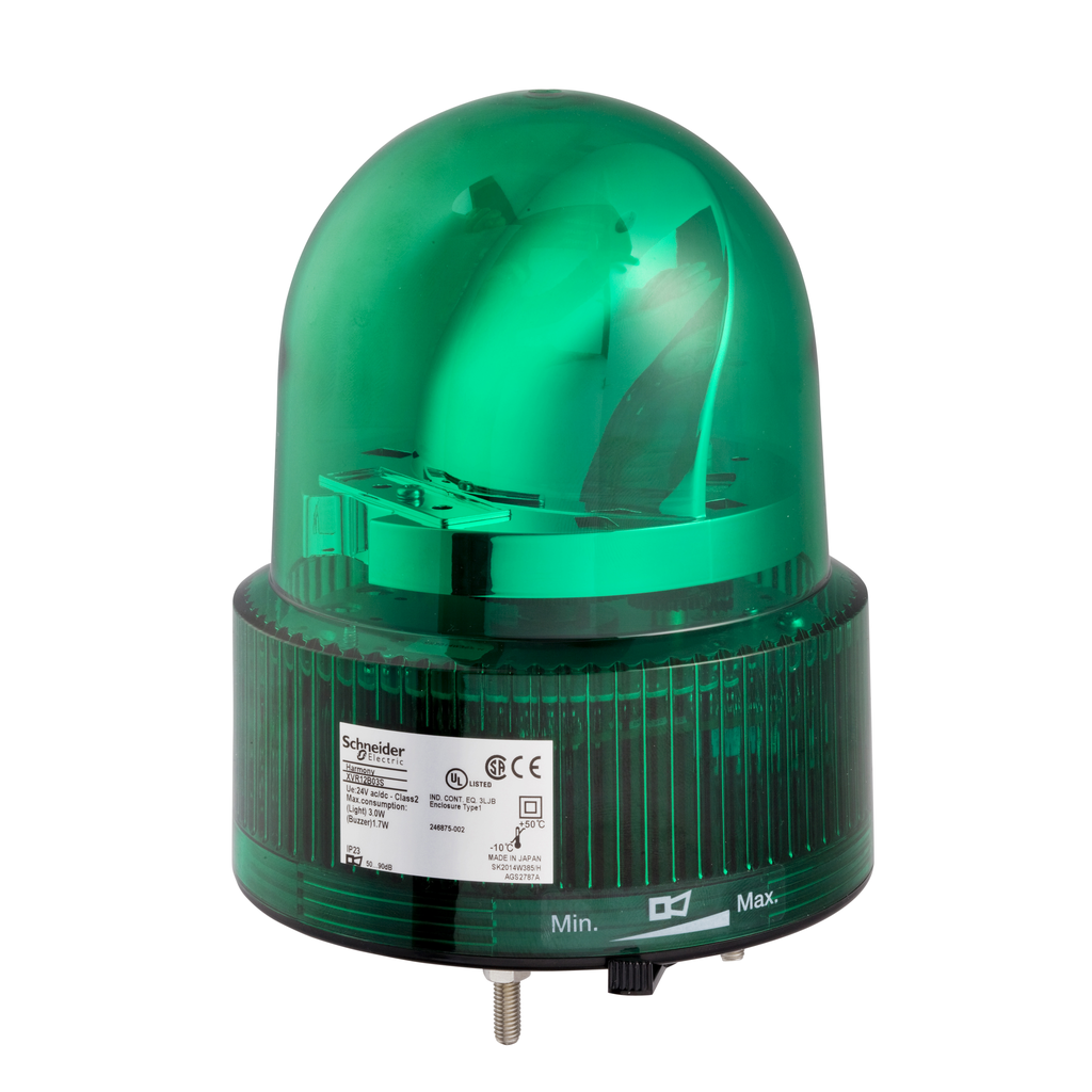 Prewired rotating mirror beacon, Harmony XVR, 120 mm, green, without buzzer, 24 V AC DC