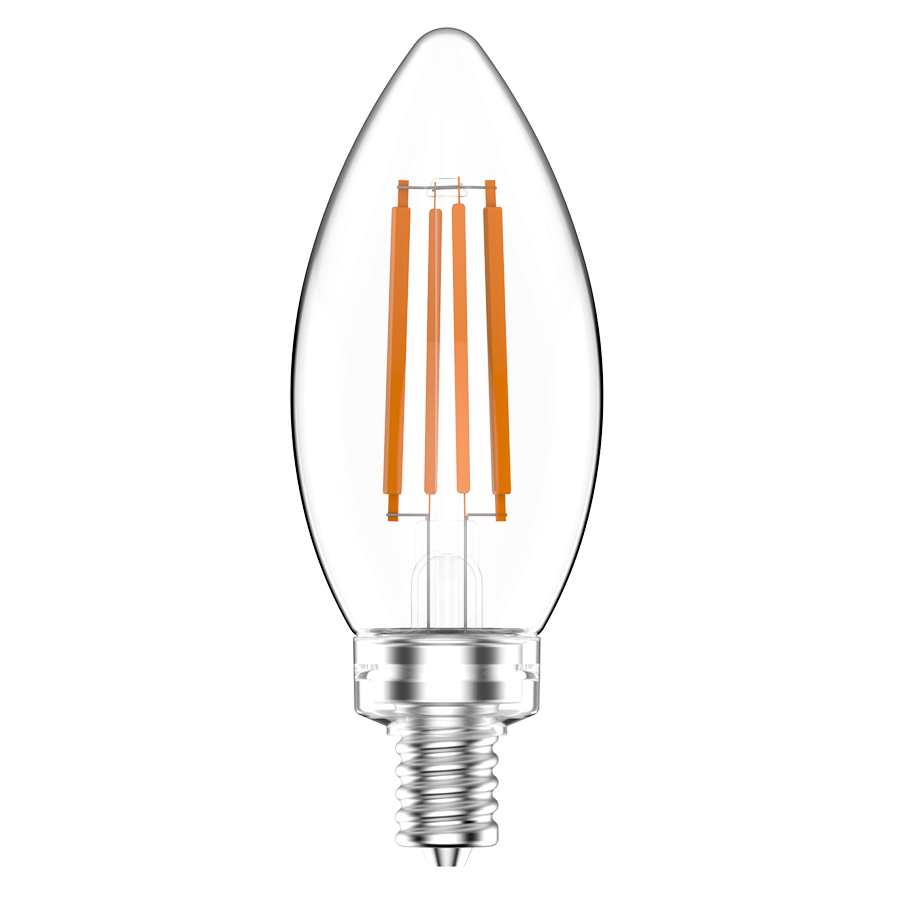 Decorative, 500 lumens, B11, 5W, base E12, 90CRI 3000K, filament, clear