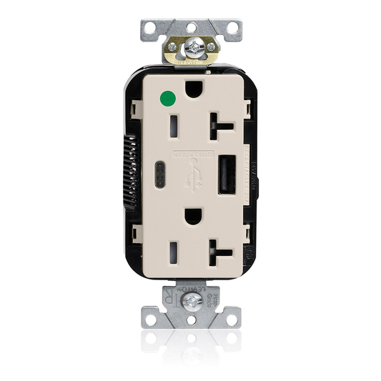 Tamper-Resistant USB Receptacle, Type A/C, 20 Amp 125 Volt, Hospital Grade, Light Almond - Lev-Lok