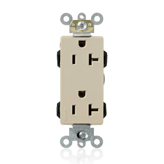 Lev-Lok Duplex Receptacle Lev-Lok Decora Plus Duplex Receptacle Outlet, Heavy-Duty Industrial Specification Grade, Smooth Face, 20 Amp, 125 Volt, Modular, NEMA 5-20R, 2-Pole, 3-Wire, Self-Grounding - Ivory Mating Lev-Lok Wiring Module Required for Use