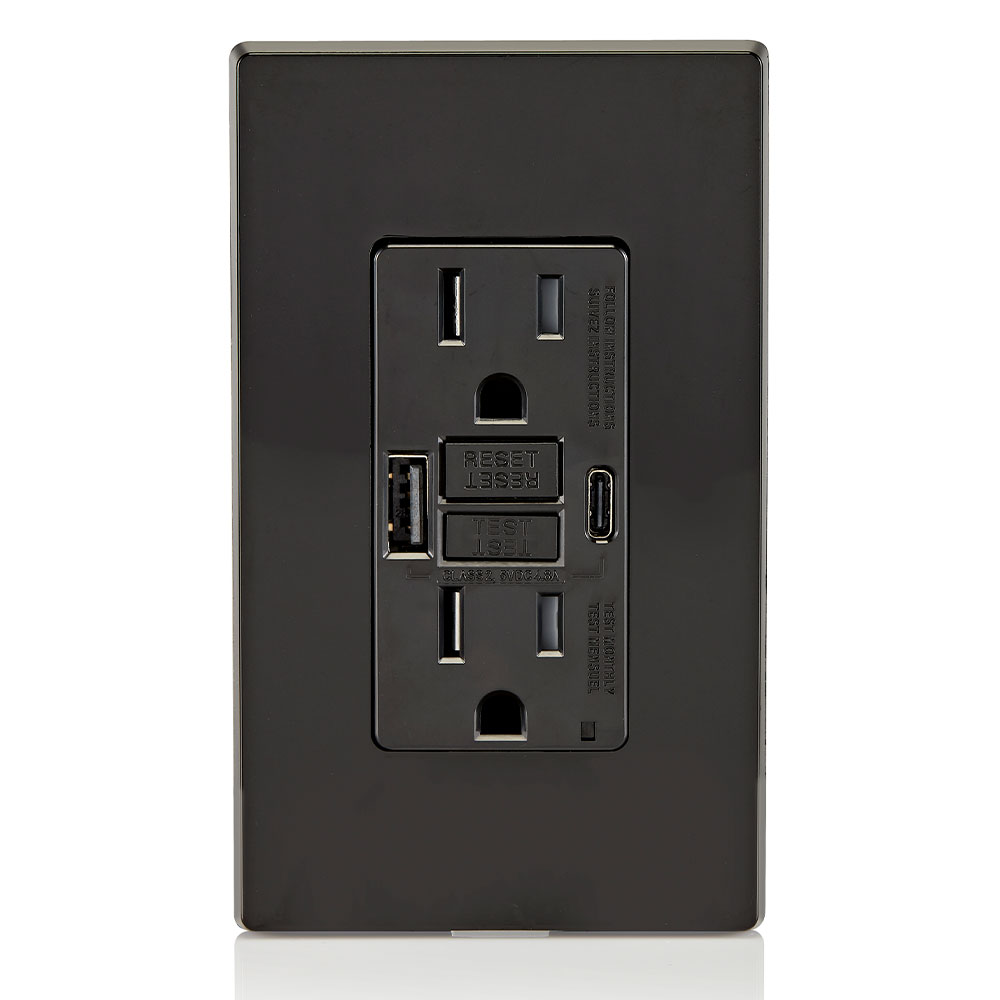 15A SmartlockPro Self-Test GFCI Combination 24W(4.8A) Type A/C USB In-Wall Charger Outlet Black