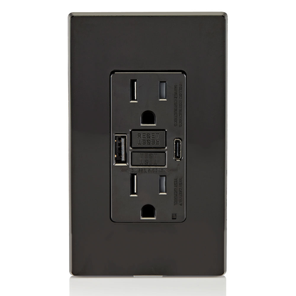 15A SmartlockPro Self-Test GFCI Combination 24W(4.8A) Type A/C USB In-Wall Charger Outlet Black