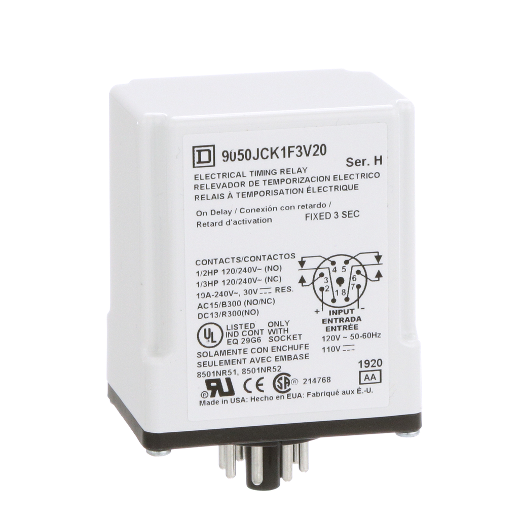 Timing Relay, Type JCK, plug In, on delay, fixed time, 3 seconds, 10A, 240 VAC, 120 VAC/110 VDC