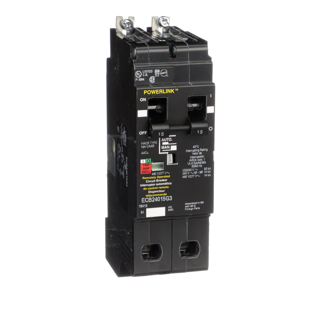 Circuit Breaker, PowerLinkâ„¢, 15A, 2 pole, 480Y/277VAC, 14kA, remotely operated, bolt on mount