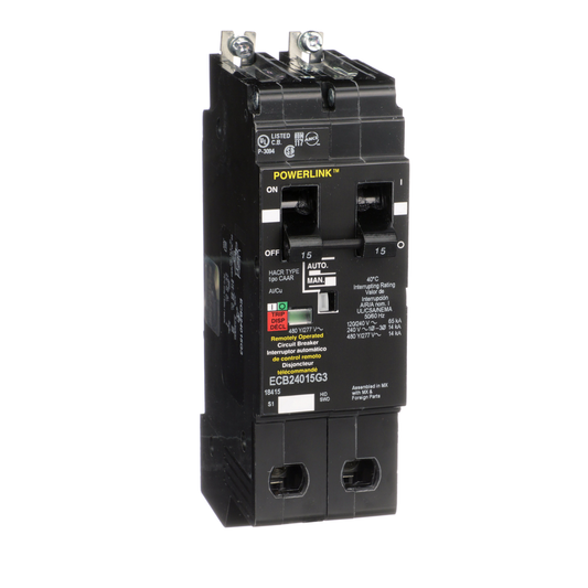 Circuit Breaker, PowerLinkâ„¢, 15A, 2 pole, 480Y/277VAC, 14kA, remotely operated, bolt on mount